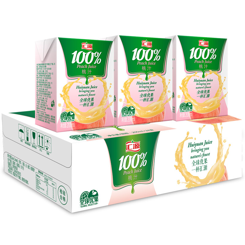 汇源 果汁 100%桃汁200ml*24盒 维生素果汁饮料整箱礼盒 34.42元（需用券）