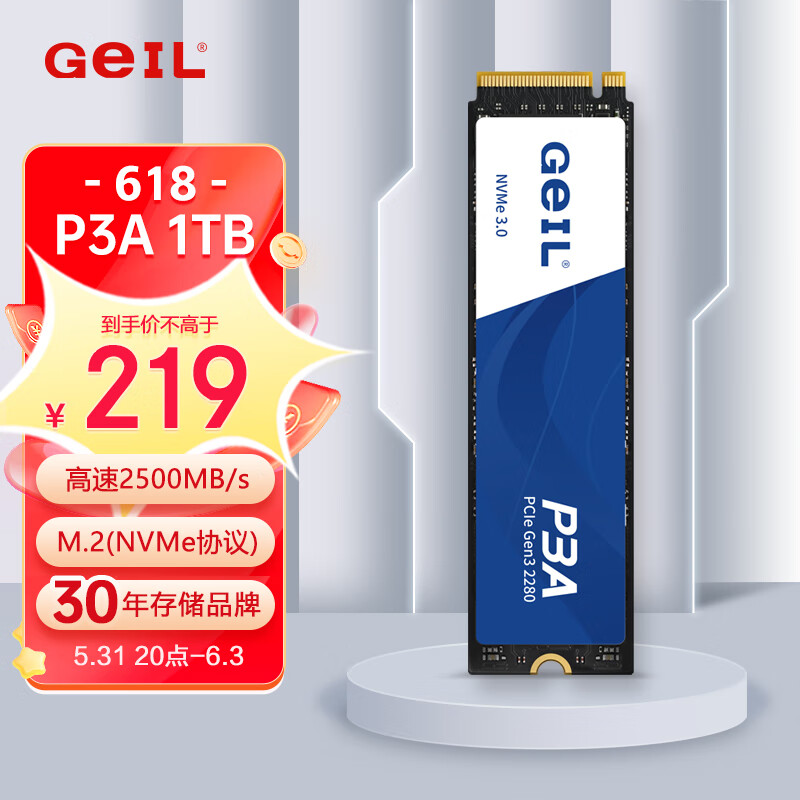 GeIL 金邦 固态硬盘2500MB/S P3A系列 1TB 279元（需用券）