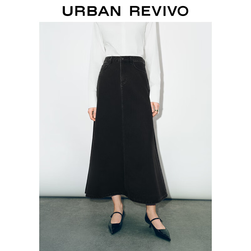 URBAN REVIVO UR2024秋季女装复古时髦气质高腰洗水牛仔半裙UWG840247 黑色 XS 319元