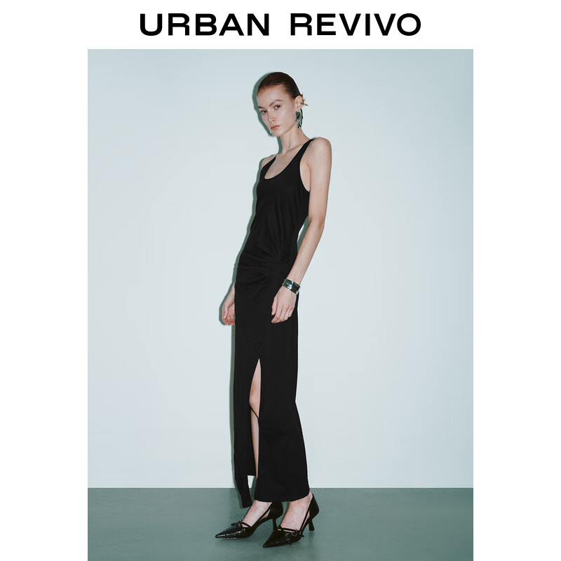 URBAN REVIVO UR2024秋季女装气质魅力开衩褶皱无袖连衣裙UWG740211 正黑 M 139元（