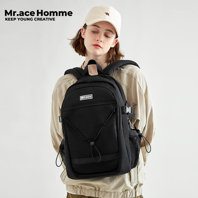 Mr.ace Homme 自制双肩包女时尚学生书包户外旅行大容量电脑背包男 黑 169元