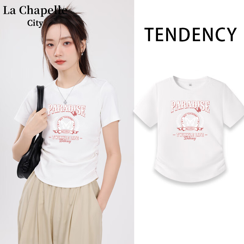 La Chapelle City 拉夏贝尔紧身褶皱短款T恤白-蝴蝶标本 ￥25.1