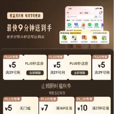 促销活动、PLUS会员：京东双11 秒送特权 满29减5元 超市全品类券 有需领取使