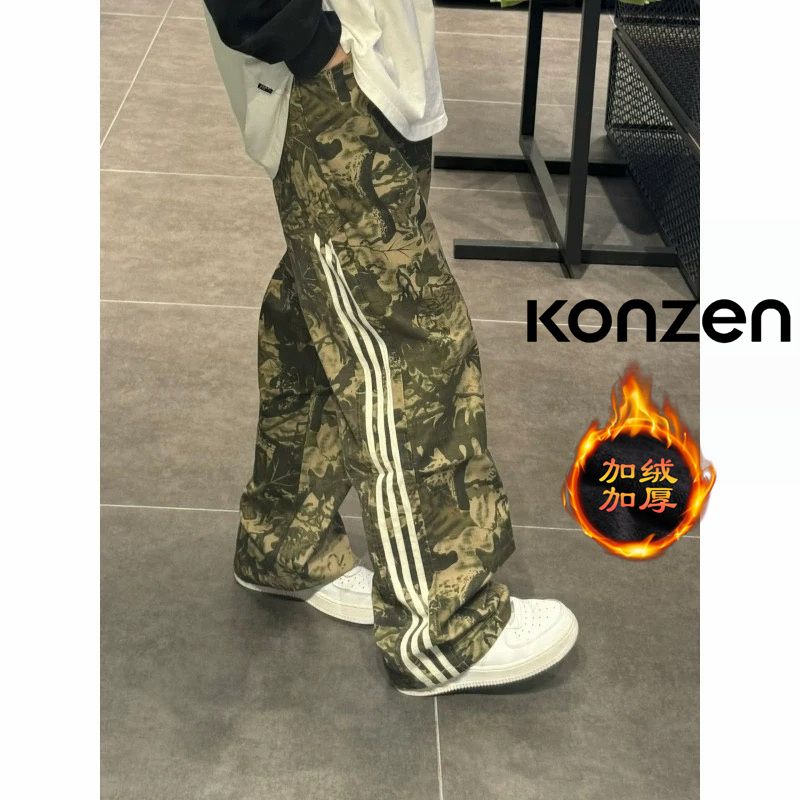 KONZEN 小众三杠条纹迷彩长裤子高街伞兵工装裤男直筒hiphop阔腿裤 69.1元