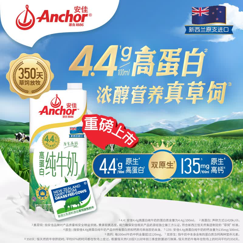 安佳 新西兰进口草饲 4.4g高蛋白高钙纯牛奶1L*3盒 38元 - 线报酷