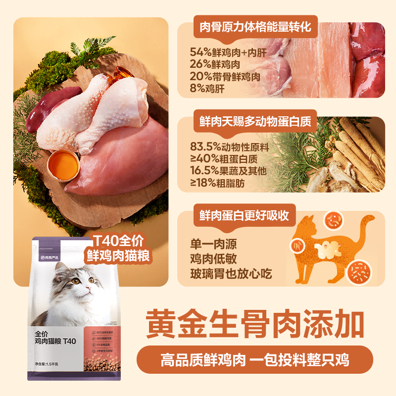 网易严选 全价猫粮三文鱼鸡肉T40美毛配方全阶段适用助激活毛囊 1.5kg*4袋 137.15元 - 线报酷