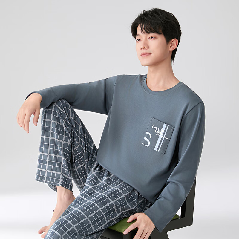 芬腾 五折 芬腾睡衣男100%纯棉秋季亲肤圆领长袖休闲卫衣家居服套装 69.95元