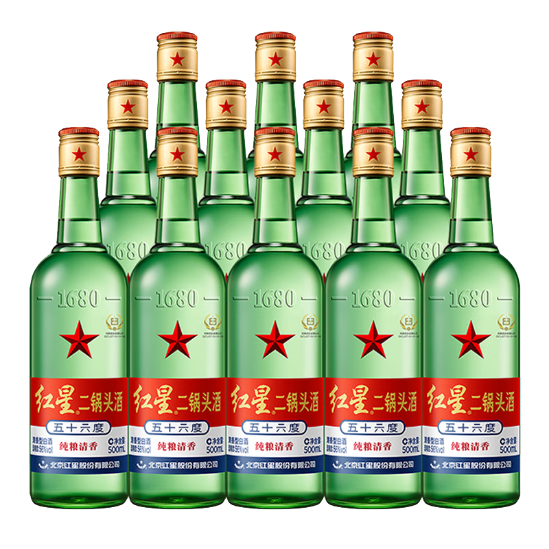 PLUS会员：红星 北京红星二锅头白酒 清香型 56﹪vol 500mL 12瓶 200.55元包邮（双