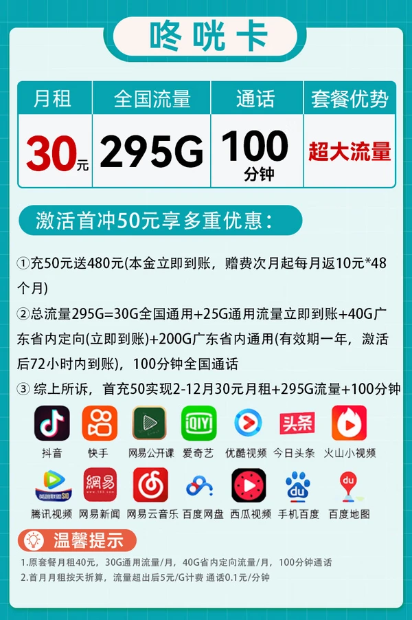 China unicom 中国联通 广东-咚咣卡 首年月租30元（295G流量+100分钟通话）送40e卡