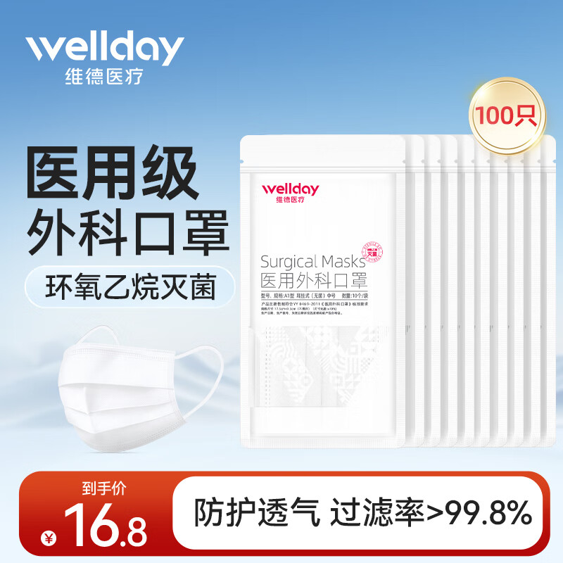 WELLDAY 维德 一次性医用外科口罩 白色100只 ￥15.8