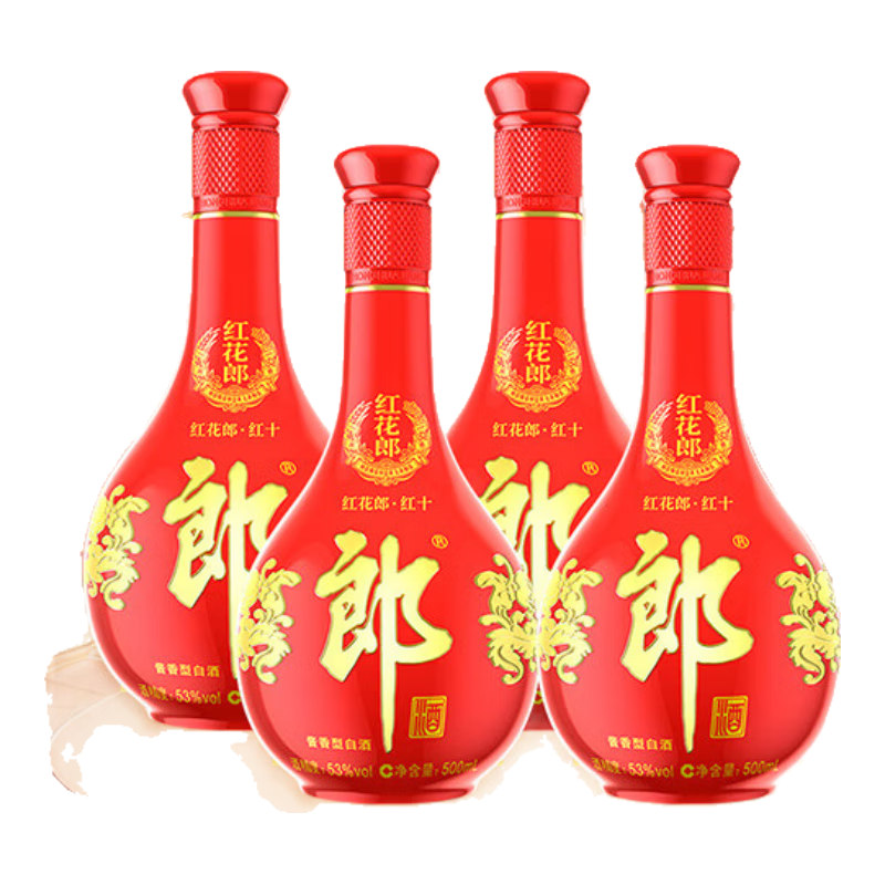 PLUS会员：郎酒 红花郎十 53度 酱香型 高度白酒 500ml *4 组合装 1008.4元（需领