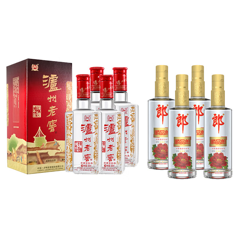 郎酒 顺品郎 金盖 45度 480mL 4瓶 +泸州老窖 头曲 六年窖 4瓶 共8瓶 369元（需领