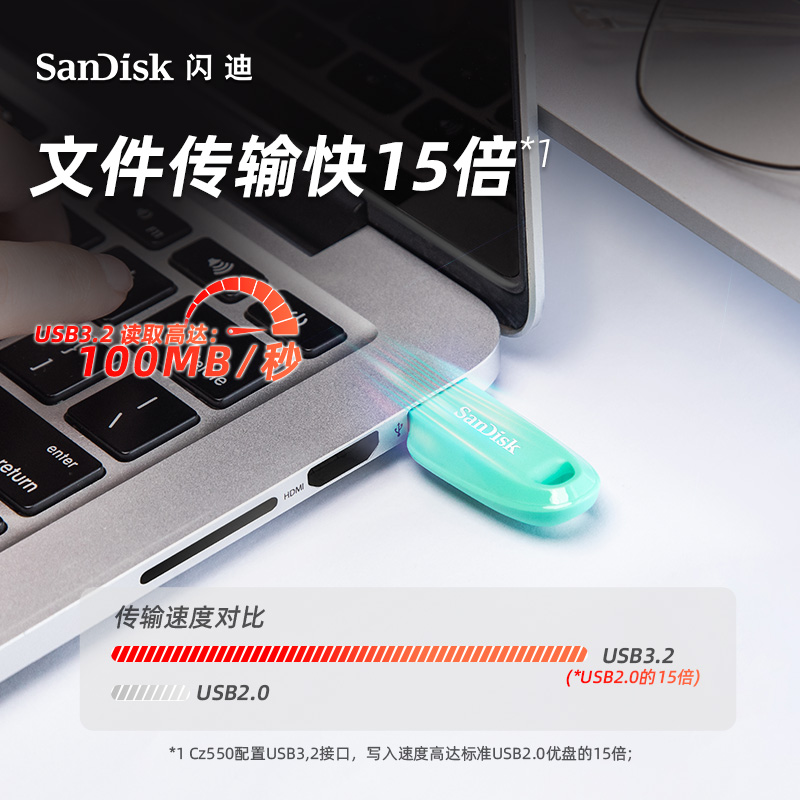 SanDisk 128GB USB3.2 U盘 CZ550黑色 安全加密 数据恢复 25.56元（需用券）