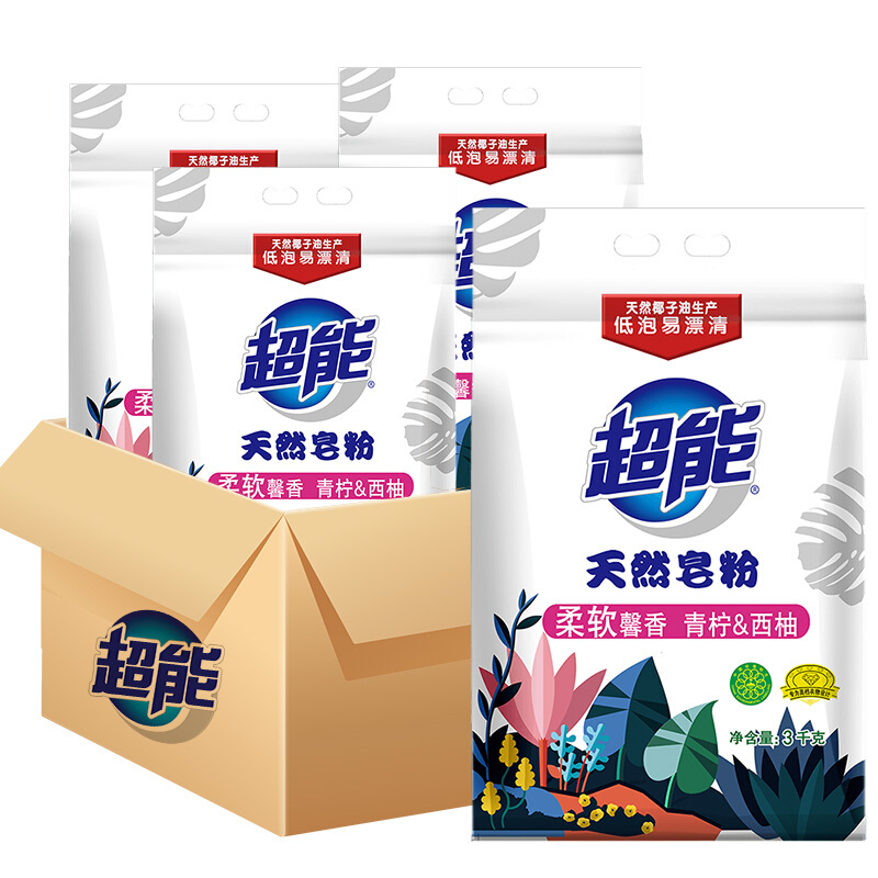 超能 天然皂粉洗衣粉 馨香柔软 3kg*4袋(共24斤) 159.2元（需用券）