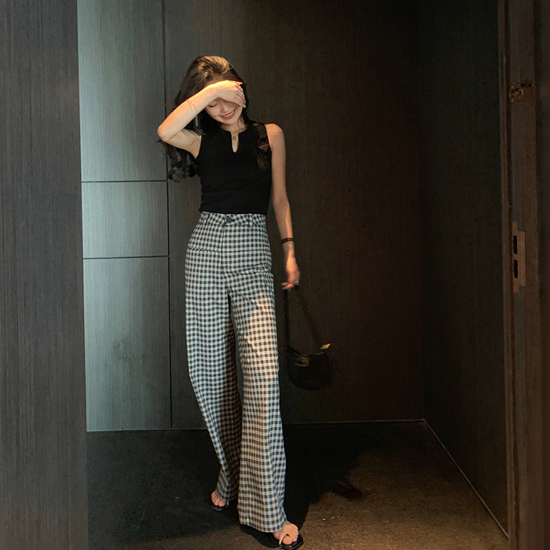 移动端：bigyu 春夏黑白复古格子长裤高腰显瘦垂感休闲拖地窄版直筒阔腿裤 