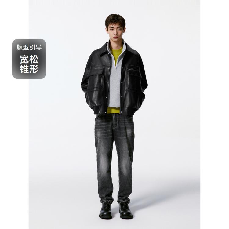GXG 男士深灰水洗牛仔裤锥形简约百搭通勤裤男牛仔裤 99元