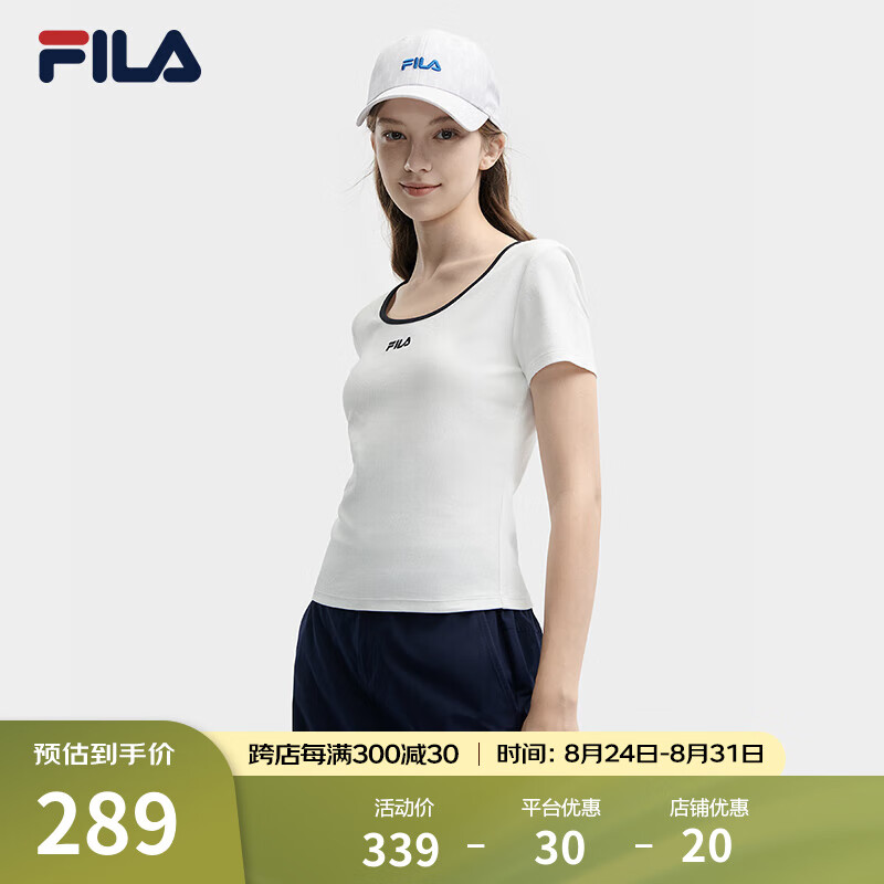 FILA 斐乐 女子针织短袖衫2024夏时尚休闲简约U领修身T恤 云菇白-WT 180/96A/XXL 28