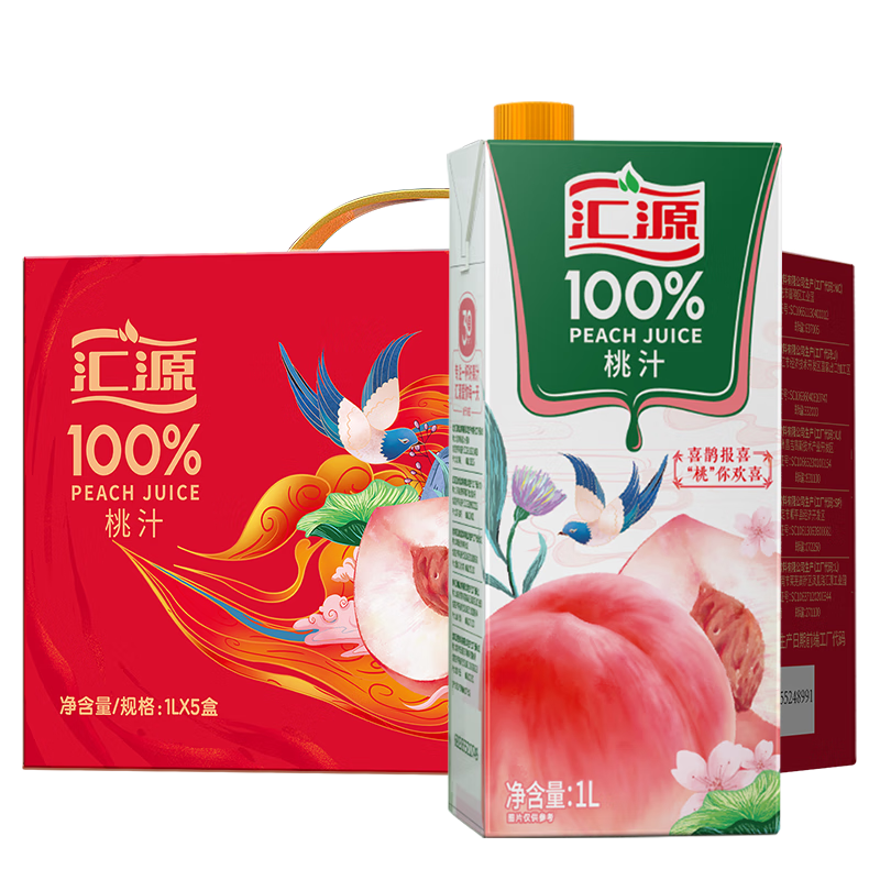 PLUS会员：汇源 果汁100%桃汁浓缩果汁饮料 1L*5盒整箱 36.91元包邮（需用券）