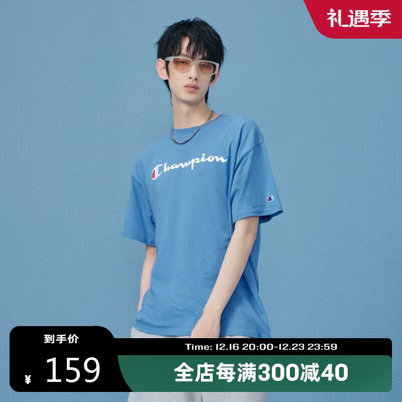 Champion 冠军短袖t恤男2024春夏短袖女运动圆领情侣上衣 M602浅蓝色 M 129元（需