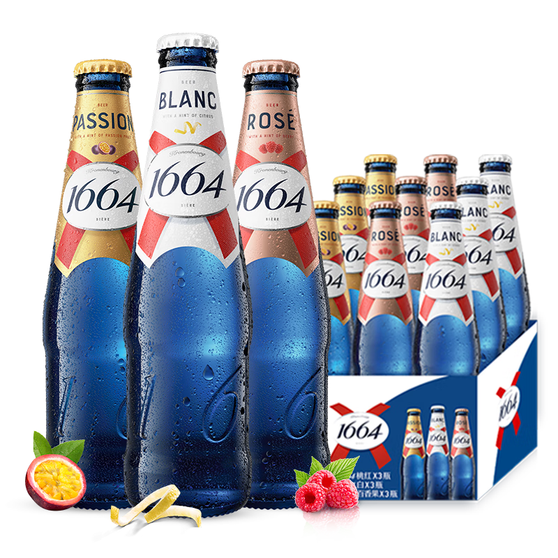 京东百亿补贴：Kronenbourg 凯旋 1664 啤酒 白啤+桃红+百香果 330ml*9瓶 组合装 88.