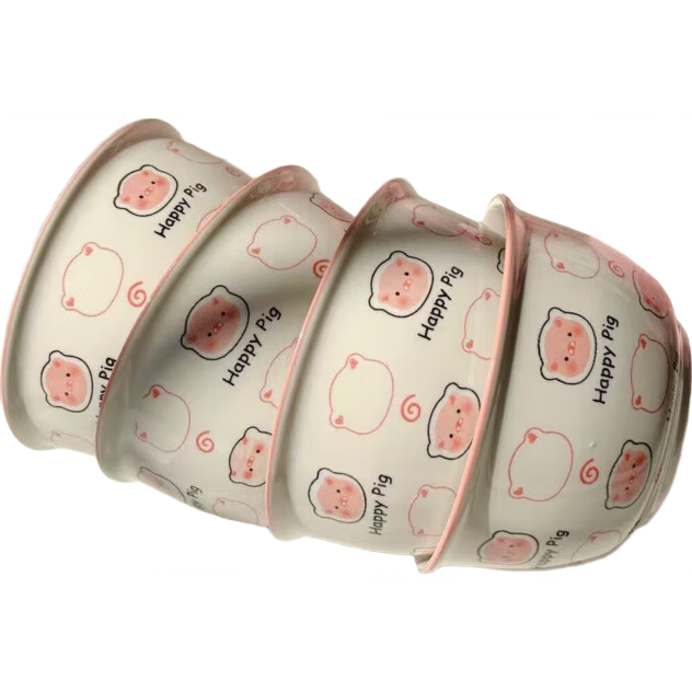 釉下彩卡通碗碟套装 小猪碗4件套 家用陶瓷碗筷盘餐具 5.8元