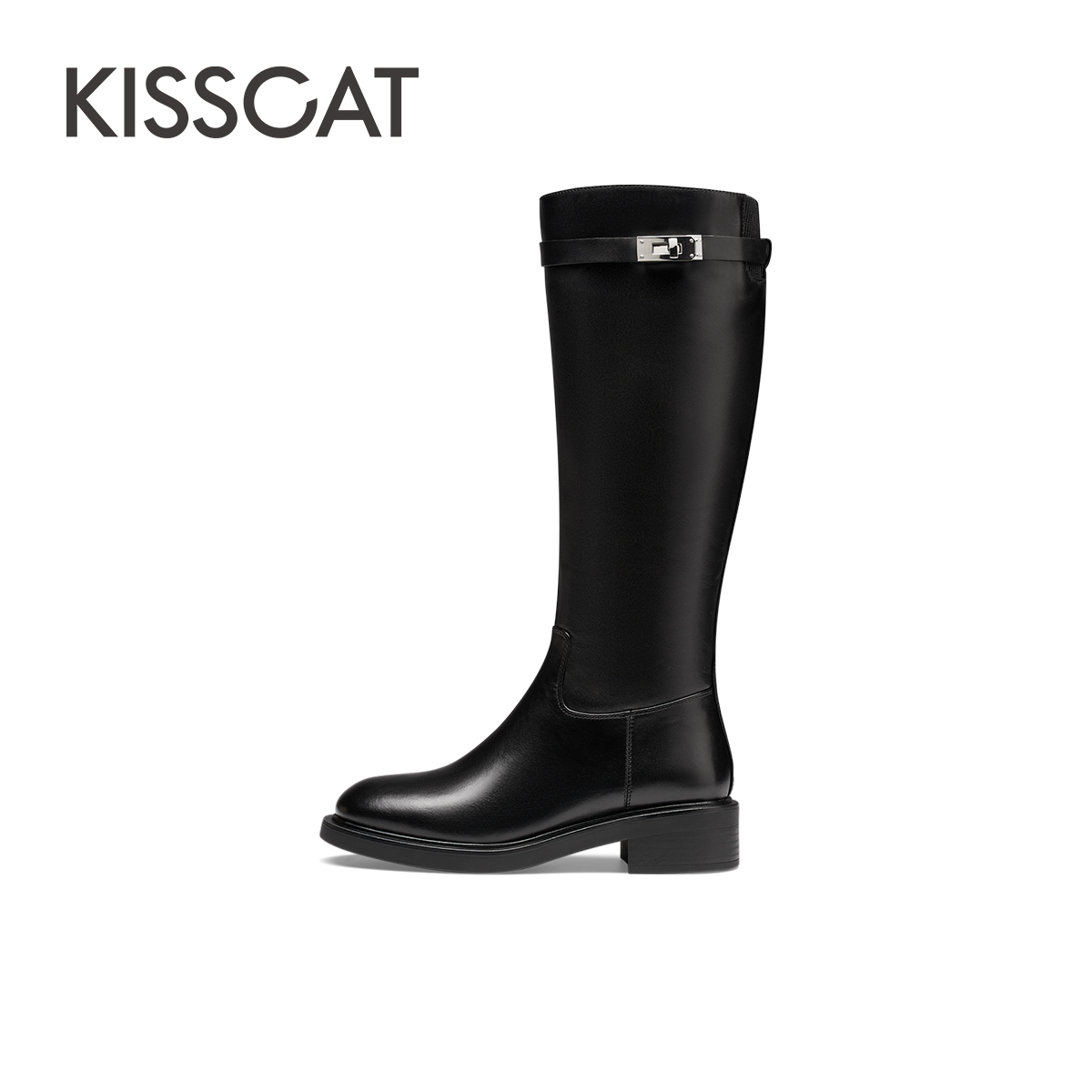 KISSCAT 接吻猫 2023冬季新款时尚气质真皮长筒靴增高加绒时装靴女 999元（需
