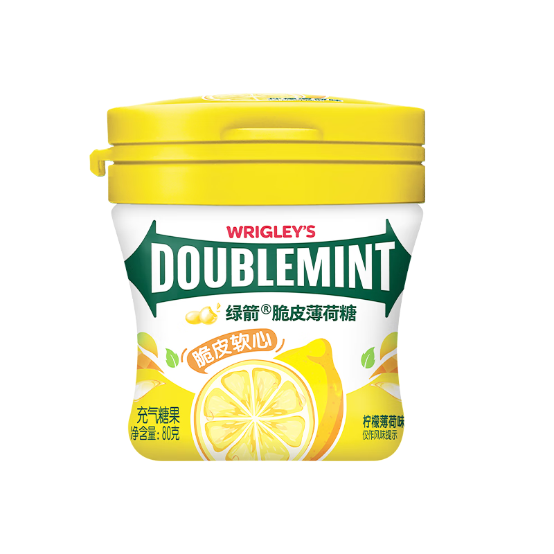 plus会员、需首购:绿箭(DOUBLEMINT)脆皮软心糖柠檬薄荷味80g/瓶糖果零食儿童零