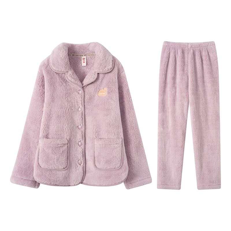 PLUS会员: 芬腾 睡衣女双面暖绒防静电2025年新款保暖翻领开衫宽松情侣家居