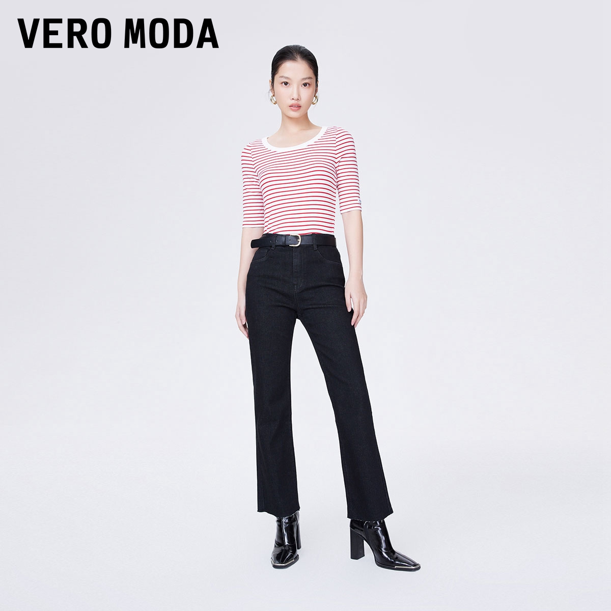 VERO MODA T恤2023早秋新款圆领五分袖上衣修身内搭条纹打底衫女 72.27元（需买3