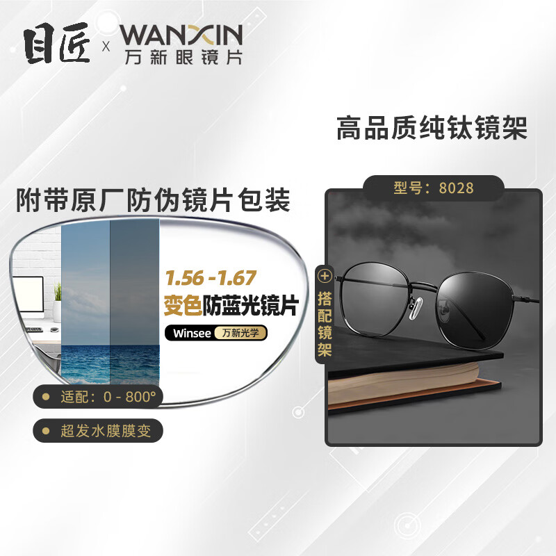 winsee 万新 1.60智能变色镜片（附带原厂包装）+多款镜架可选 88元包邮（需用券）