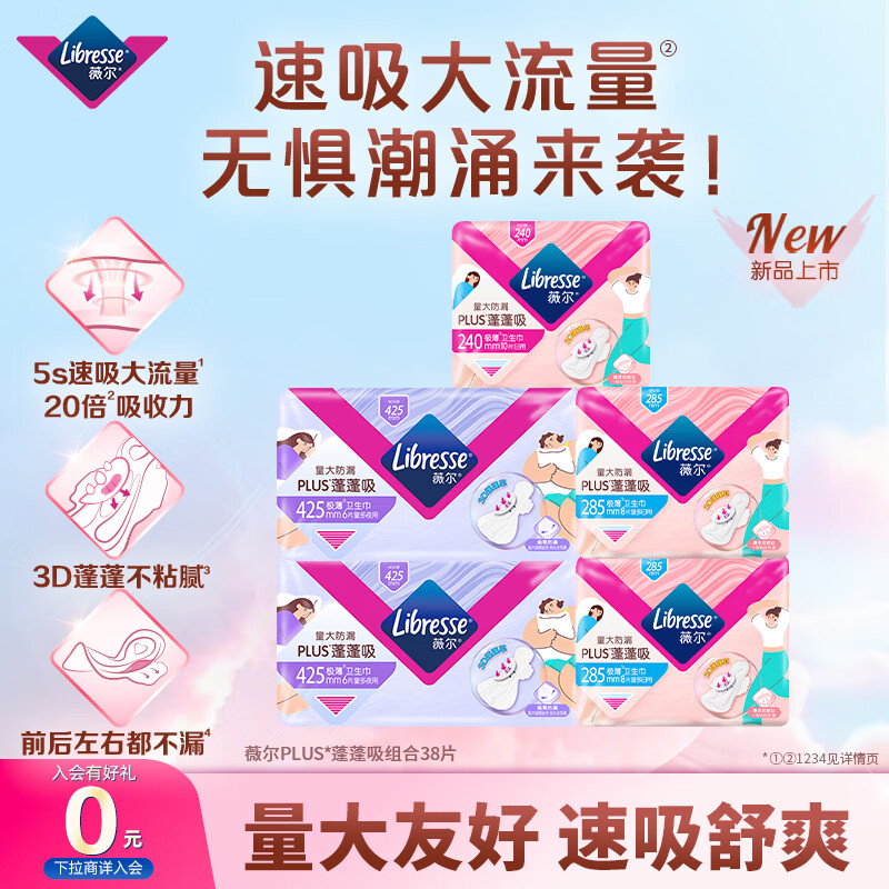 薇尔 蓬蓬吸超薄贴合透气防漏日夜组合装38片卫生巾京东自营姨妈巾 13.98元