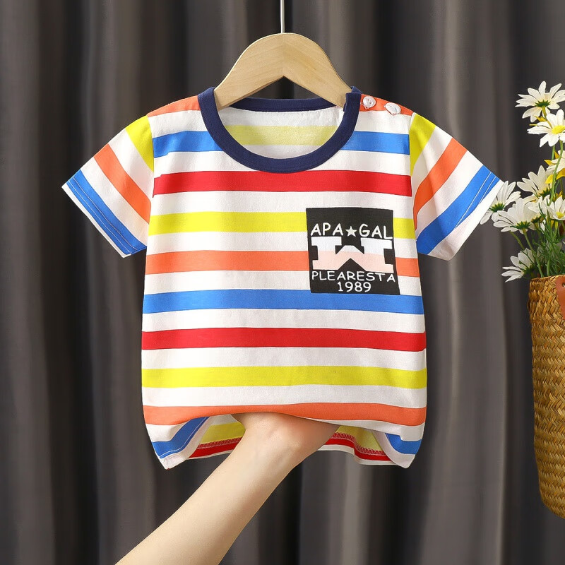 众嗨 儿童短袖T恤纯棉宝宝半袖打底衫男女童婴儿上衣夏装0-7岁 短T恤-彩条