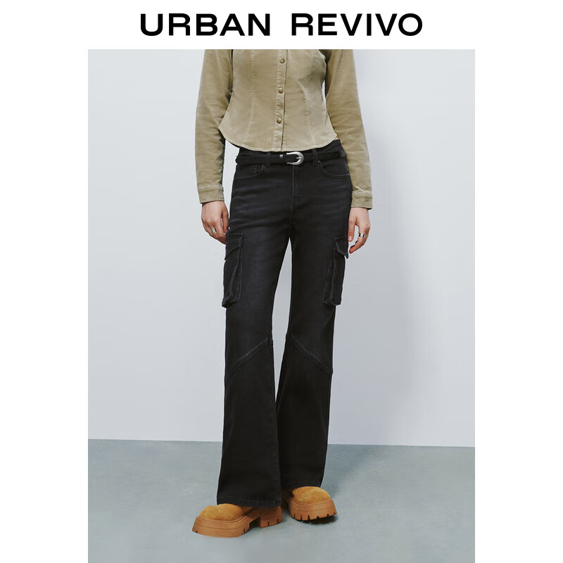 URBAN REVIVO UR2024秋冬女装街头休闲工装立体贴袋牛仔长裤UYL840018 正黑 29 295.67