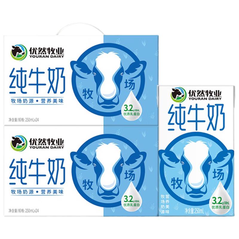 优然牧业 纯牛奶 3.2g蛋白质 250ml*24盒 36.89元（需用券）