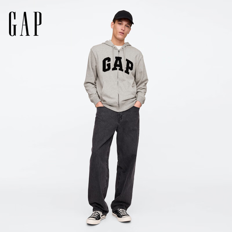 Gap 男女装2025春季字母logo拉链连帽卫衣多色外套美版868454 灰色 S 美码 M亚洲