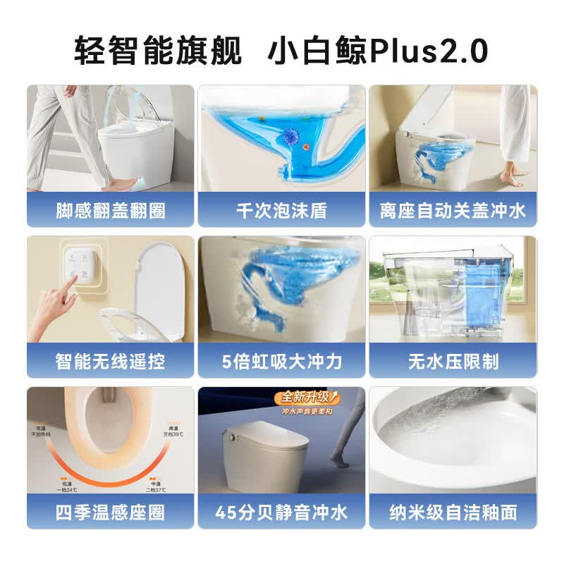 京东京造 小白鲸Plus2.0轻智能马桶 泡沫盾带水箱坐便器5倍冲力 1099元 - 线报酷