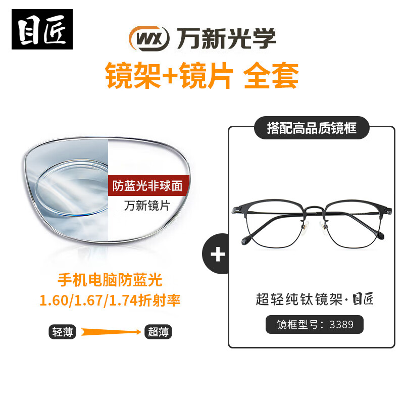 万新 winsee 1.60防蓝光镜片（哈气防伪）+纯钛多款镜架可选 59元包邮（需用券