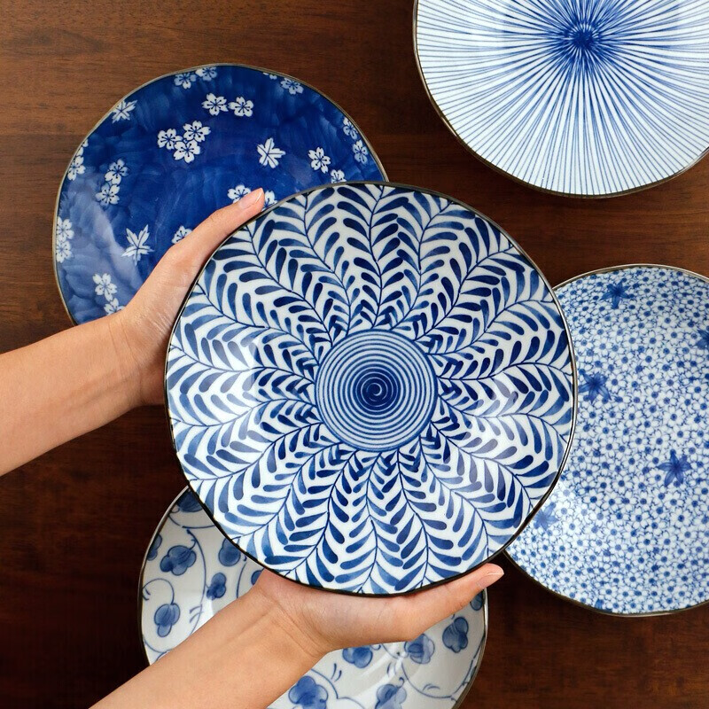 美浓烧 日本餐具 日式盘子家用创意菜盘水果盘 8英寸餐盘套装 蓝绘8英寸盘5