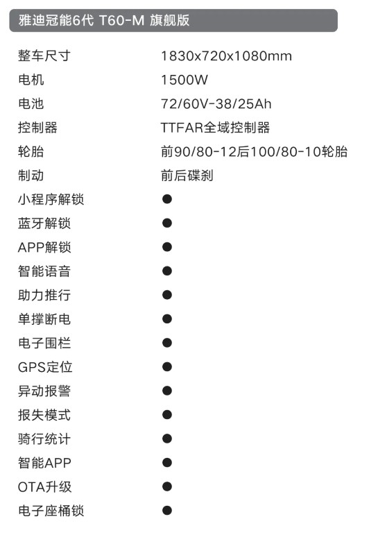 Yadea 雅迪 新一代冠能T60-M 悦享版 电动摩托车