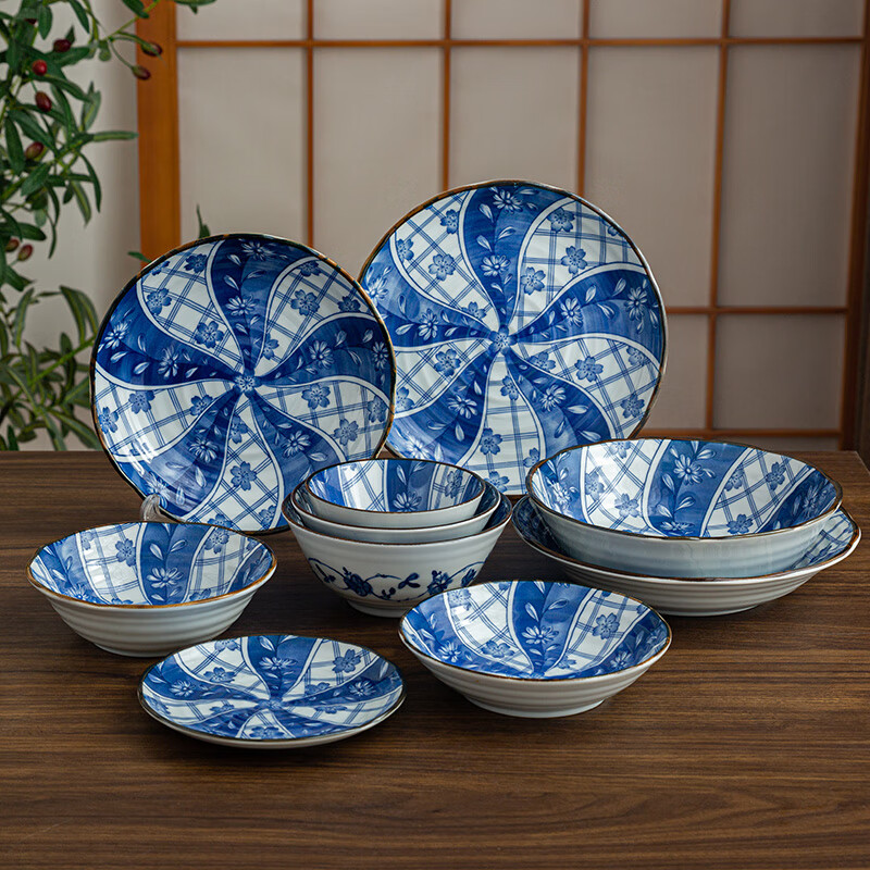光峰 日本进口有古窑陶瓷釉下彩日式汤碗饭碗蓝色樱花钵碗家用餐具套装 16