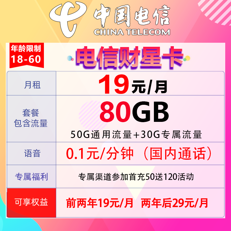 中国电信 财星卡 19元月租 （80G不流量+首月免费）值得买30现金红包 0.01元包