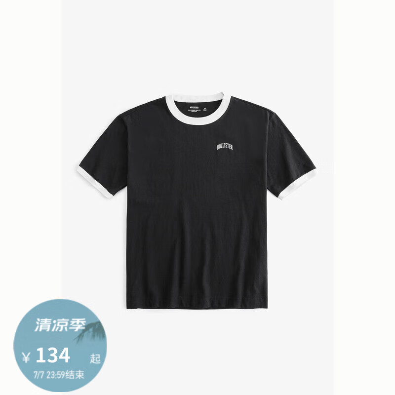 HOLLISTER 24夏新款美式情侣撞色边饰重磅T恤 男女 KI323-4041 黑色 XL (180/116A) 68元