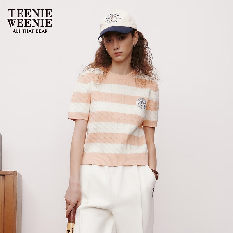 TEENIE WEENIE 小熊 女士圆领绞花条纹针织短袖上衣 140元