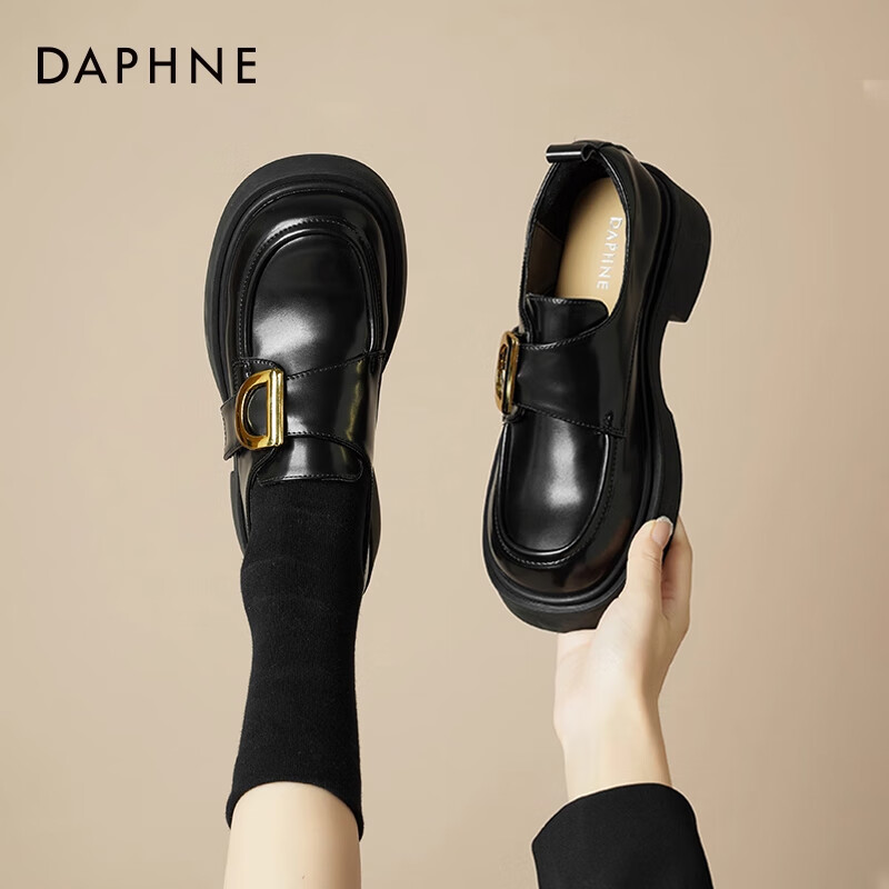 达芙妮 厚底乐福鞋女2025秋季英伦风小皮鞋百搭复古魔术贴单鞋女JD 黑色-主