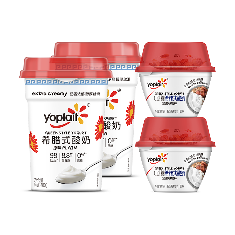 yoplait 优诺 希腊式酸奶0蔗糖8.8g高蛋白480g*2桶+120g*2杯 ￥80