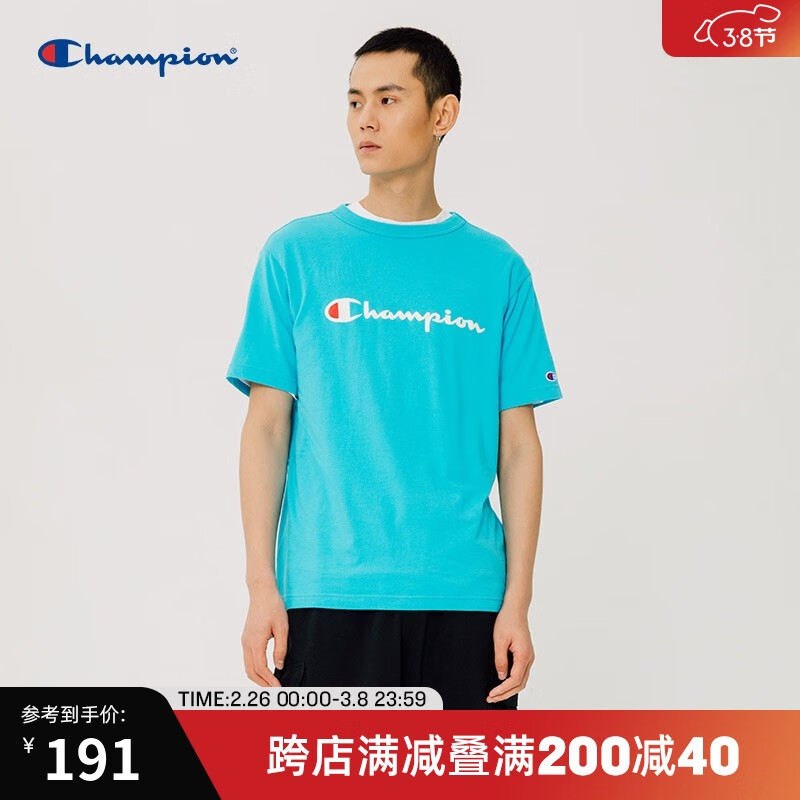 Champion 冠军情侣款夏季印花草写LOGO圆领短袖T恤男女 C3-P302 蓝色 L 219元（需