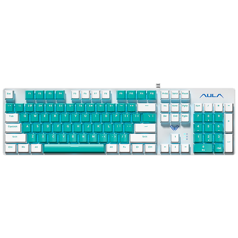 PLUS会员：AULA 狼蛛 F2068Pro机械键盘鼠标 有线键鼠三件套装 白绿【青轴】热