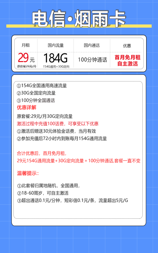 中國電信 煙雨卡 20年29元月租（184G全國流量+100分鐘+自主激活）激活返20紅包