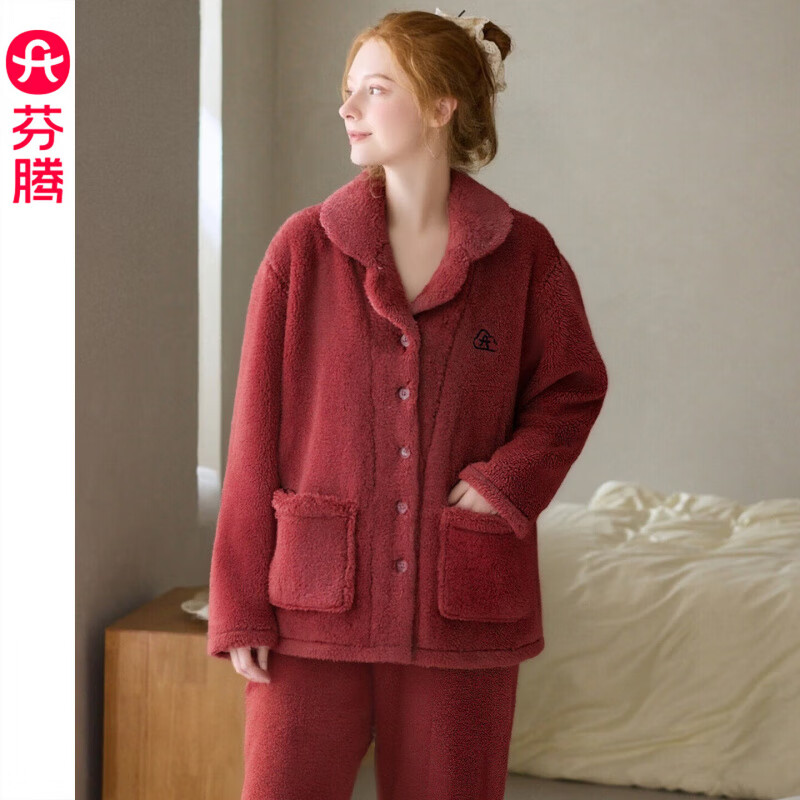 芬腾 珊瑚绒睡衣 限时5折 保暖法兰绒加绒加厚休闲家居服 FJ26940699富贵红 79.