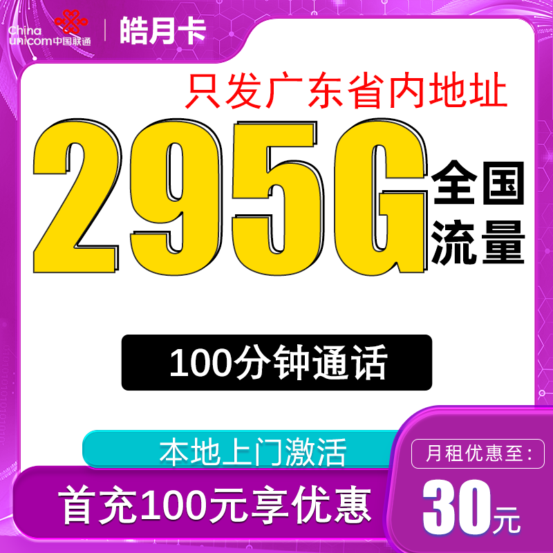 中国联通 皓月卡 30元月租（295G全国流量+100分钟通话+只发广东省） 0.01元